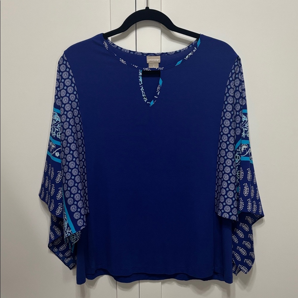 Chico's Cobalt Blue Knit Top with Printed Kimono Sleeves, size L Chico’s 2